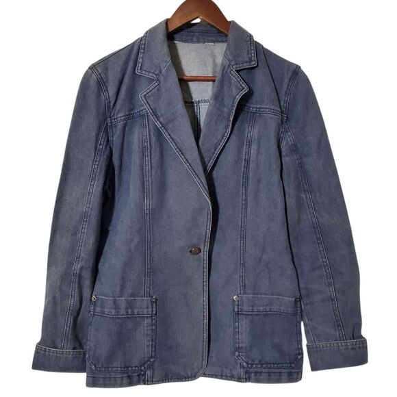 MaxMara Denim One Button Blazer Jacket Size 12 Y2K Jean Jacket Womens - Picture 1 of 10